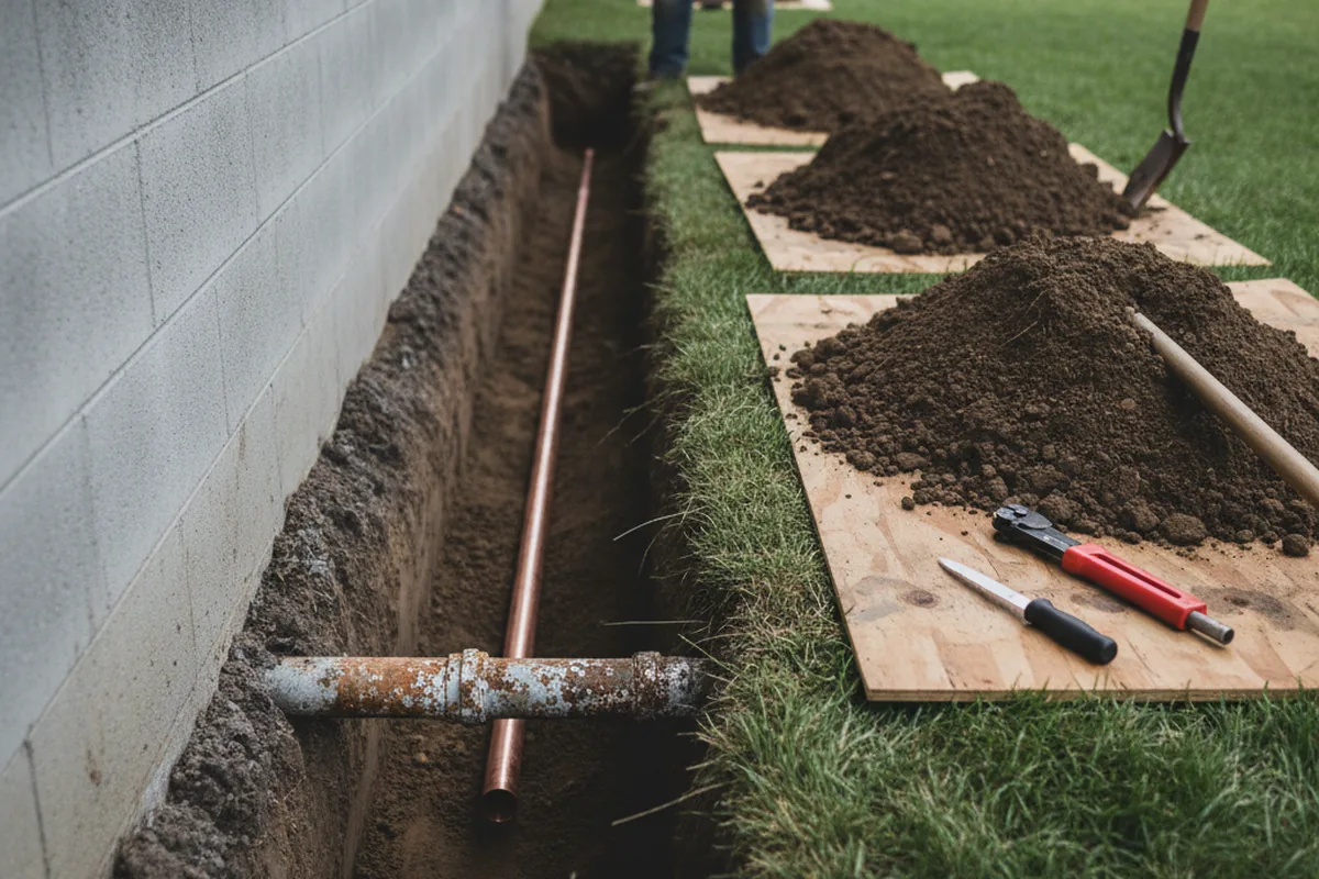 Excavated water line trench during Water Softener Installation in Cedar Creek